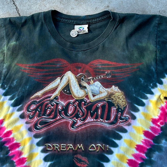 Vintage 90s single stitched tie die Aerosmith tshirt green yellow liquid blue - Picture 3 of 8